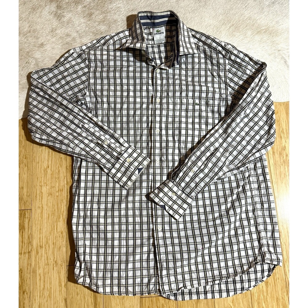 LACOSTE Shirt Mens Size 42 Gray White Plaid‎ Button Up Dress Long Sleeve Logo